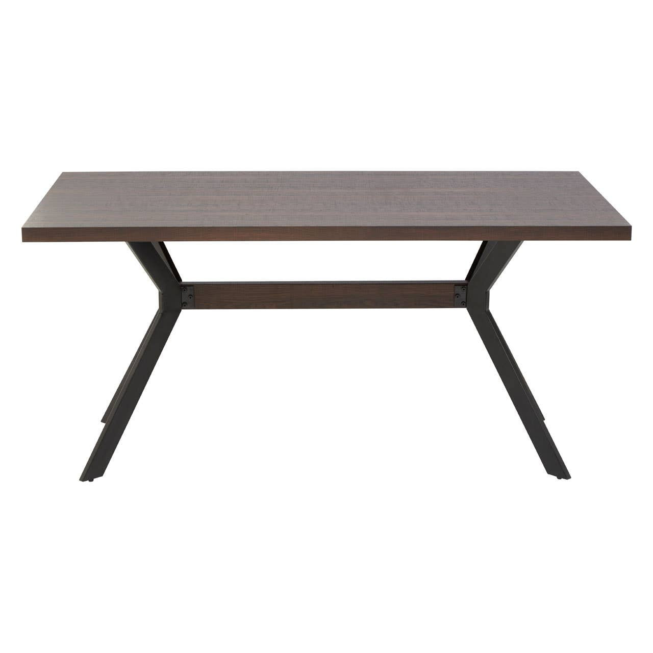 Rectangle dining table with a dark wood finish and a modern black metal base, accompanied by six matching chairs featuring a simple design. The table has a smooth surface and sturdy legs, while the chairs have cushioned seats for comfort