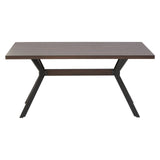 Rectangle dining table with a dark wood finish and a modern black metal base, accompanied by six matching chairs featuring a simple design. The table has a smooth surface and sturdy legs, while the chairs have cushioned seats for comfort