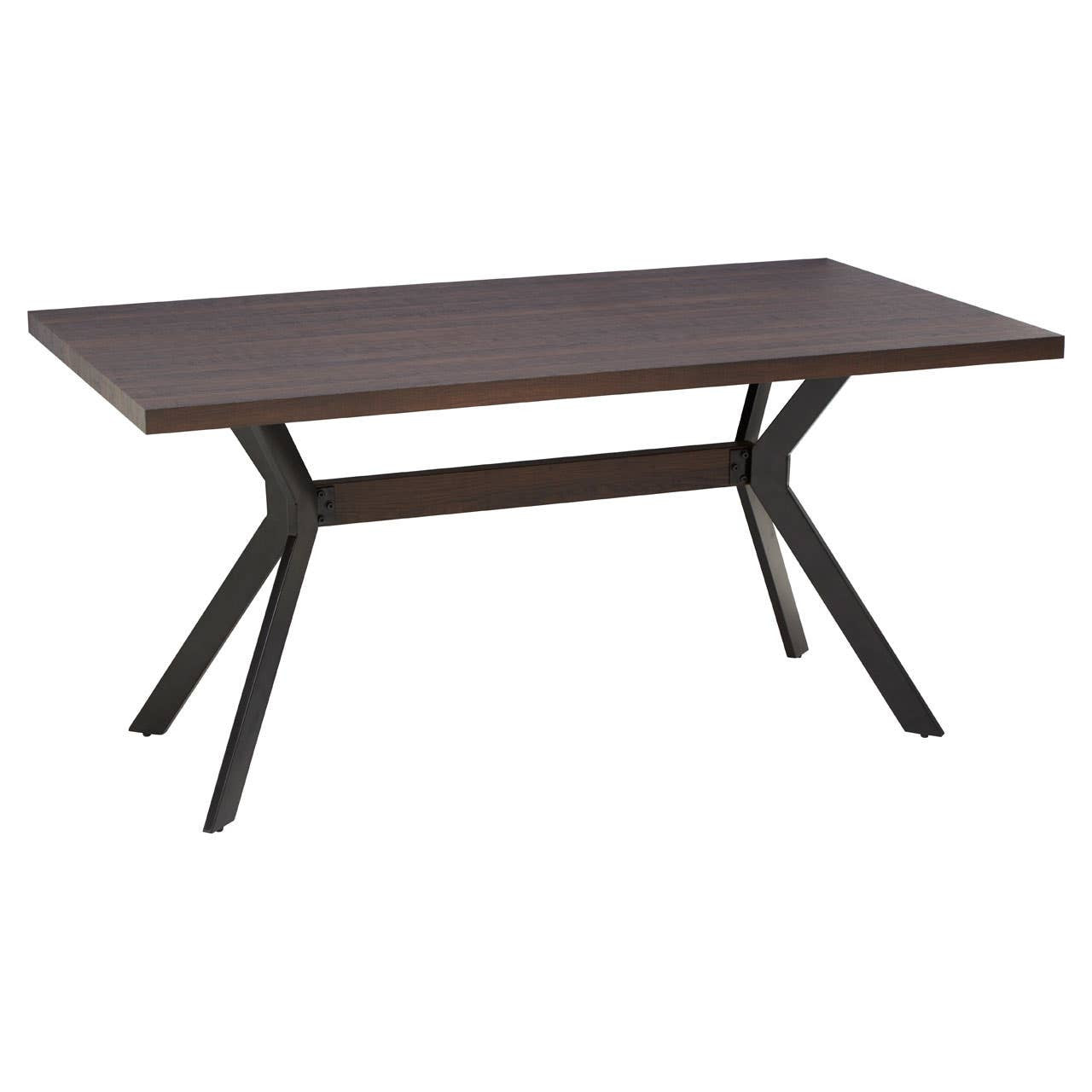 Rectangle dining table with a dark wood finish and a sleek design, featuring a sturdy black metal base with angled legs. Accompanied by six matching chairs with a simple, modern aesthetic. The overall look is contemporary and stylish, suitable for dining spaces