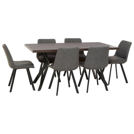 Rectangle dining table with a smooth wooden surface and six matching chairs. The chairs feature a modern design with gray upholstery and black legs, arranged around the table. The overall aesthetic is contemporary and stylish, suitable for dining areas