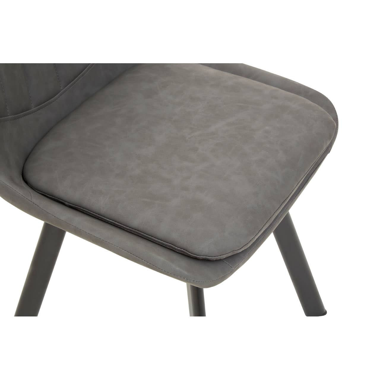 Close-up view of a gray upholstered chair seat with a square cushion and wooden legs, showcasing a soft texture and modern design