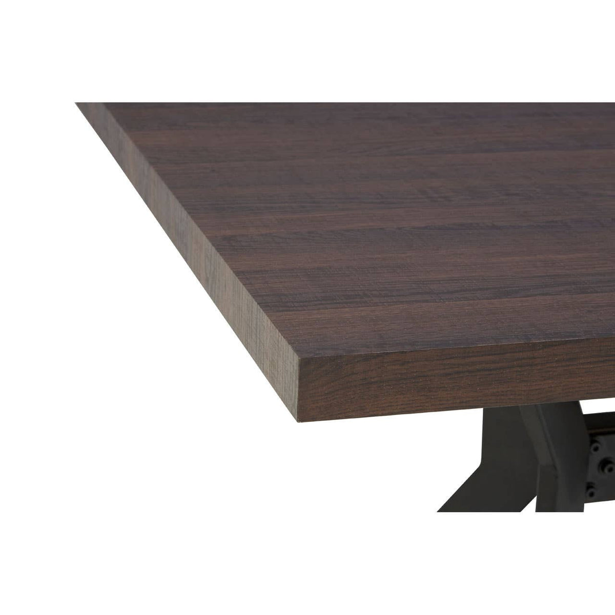 Close-up view of the edge of a dark wood rectangular dining table, showcasing a smooth finish and a sturdy black metal base