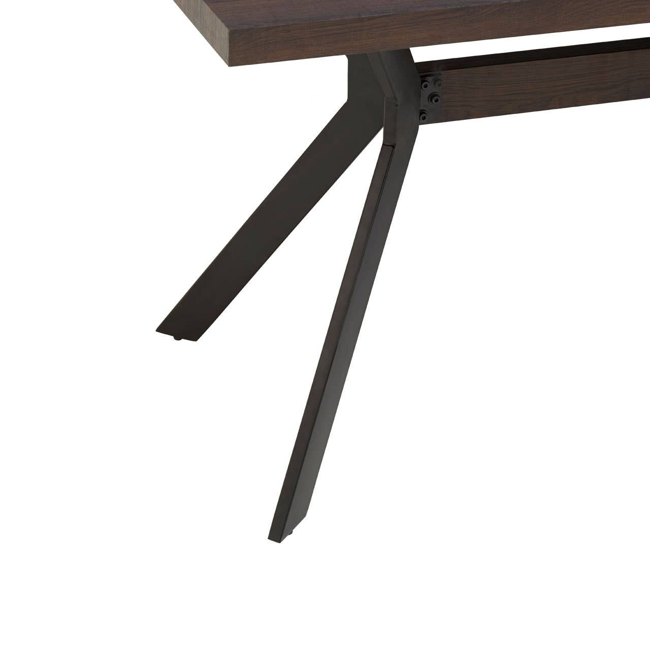Close-up view of a modern dining table leg featuring a sleek, angular design in a dark finish, supporting a rectangular tabletop. The leg has a minimalist style with a sturdy base, emphasizing contemporary aesthetics