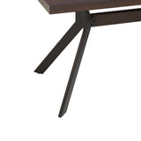 Close-up view of a modern dining table leg featuring a sleek, angular design in a dark finish, supporting a rectangular tabletop. The leg has a minimalist style with a sturdy base, emphasizing contemporary aesthetics