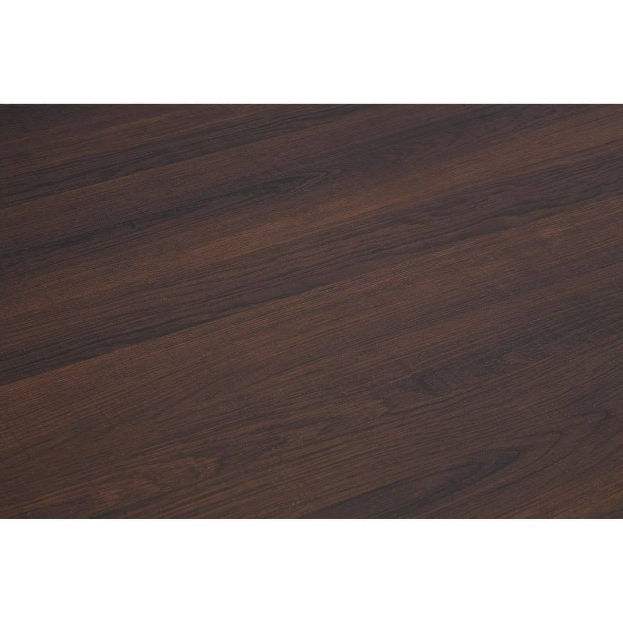 Rectangular dining table surface featuring a rich, dark wood finish with visible grain patterns, accompanied by six matching chairs with cushioned seats and backs, all arranged for a dining setup