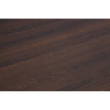 Rectangular dining table surface featuring a rich, dark wood finish with visible grain patterns, accompanied by six matching chairs with cushioned seats and backs, all arranged for a dining setup