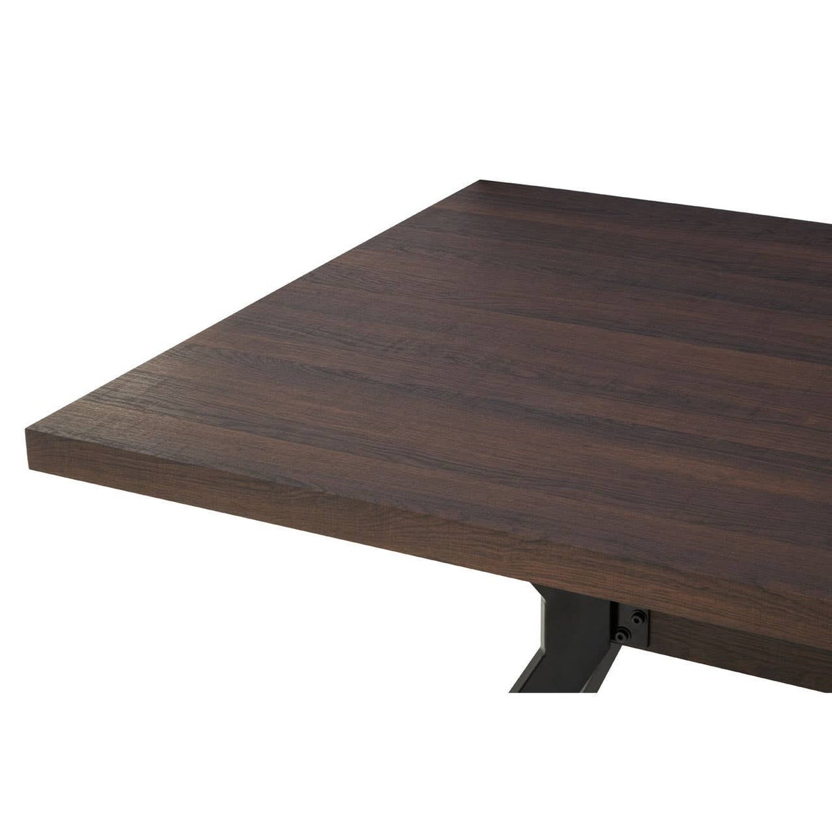 Rectangle dining table with a rich, dark wood finish and a smooth surface, featuring a sturdy black metal base. The corner of the table is visible, showcasing the clean lines and modern design