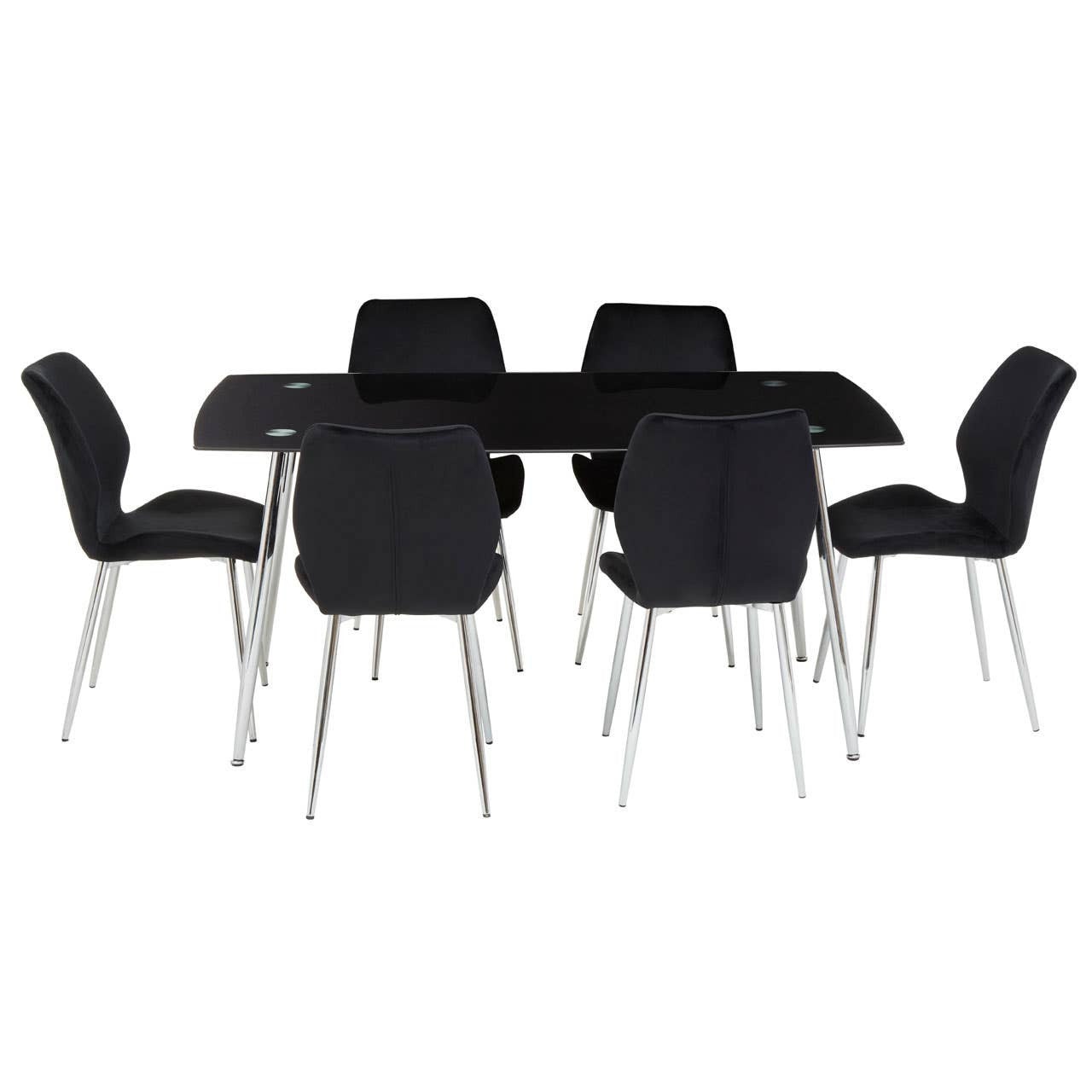 A sleek black tempered glass dining table surrounded by six modern black chairs with chrome legs, all set against a white background. The table features clean lines and a minimalist design, while the chairs have a contemporary shape with a comfortable seat