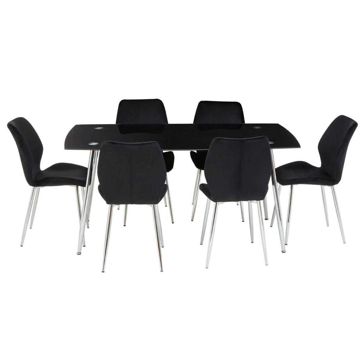 A sleek black tempered glass dining table surrounded by six modern black chairs with chrome legs, all set against a white background. The table features clean lines and a minimalist design, while the chairs have a contemporary shape with a comfortable seat