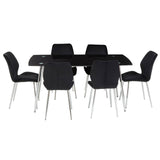 A sleek black tempered glass dining table surrounded by six modern black chairs with chrome legs, all set against a white background. The table features clean lines and a minimalist design, while the chairs have a contemporary shape with a comfortable seat