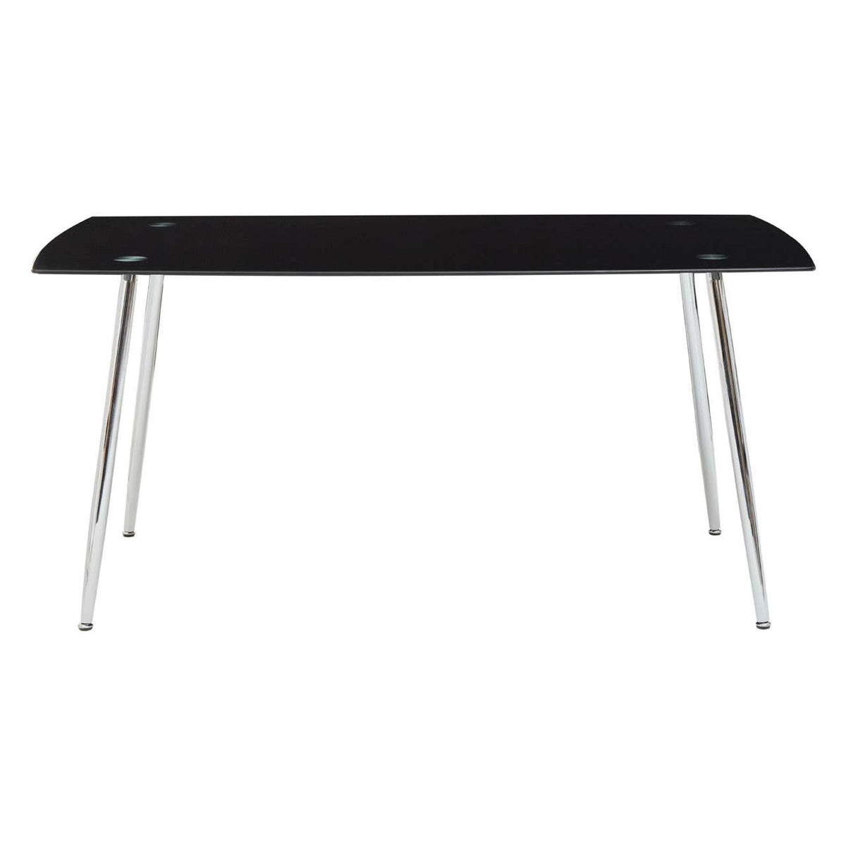 Black tempered glass dining table with a sleek rectangular top and four slender chrome legs, accompanied by six matching chairs featuring a modern design and upholstered seats. The overall aesthetic is contemporary and elegant, suitable for various dining spaces