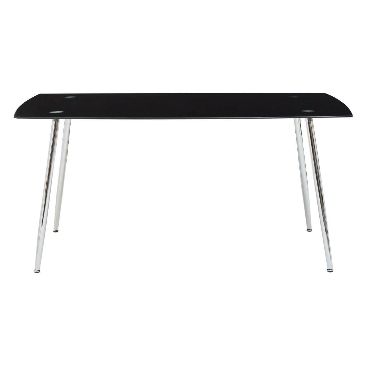 Black tempered glass dining table with a sleek rectangular top and four slender chrome legs, accompanied by six matching chairs featuring a modern design and upholstered seats. The overall aesthetic is contemporary and elegant, suitable for various dining spaces