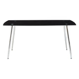 Black tempered glass dining table with a sleek rectangular top and four slender chrome legs, accompanied by six matching chairs featuring a modern design and upholstered seats. The overall aesthetic is contemporary and elegant, suitable for various dining spaces