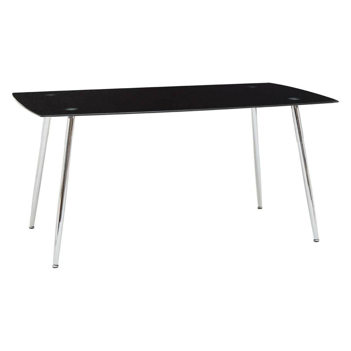Black tempered glass dining table with a sleek rectangular top and four slender chrome legs, accompanied by six matching chairs featuring a modern design. The overall aesthetic is contemporary and elegant, suitable for various dining spaces