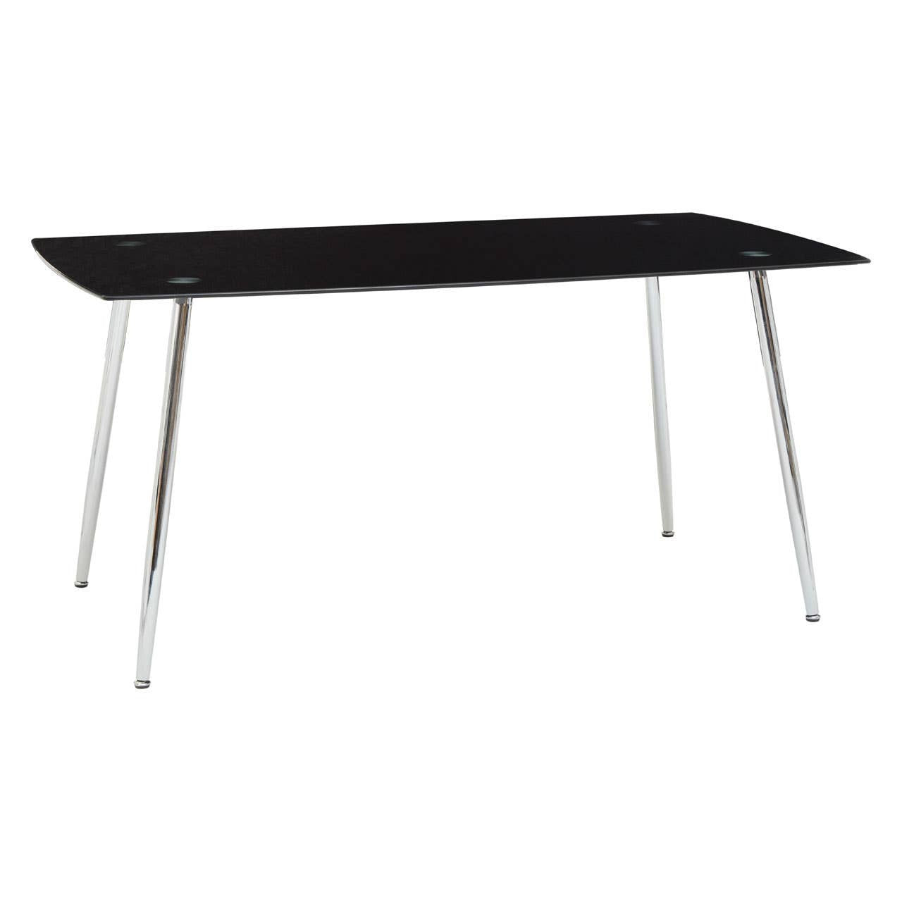 Black tempered glass dining table with a sleek rectangular top and four slender chrome legs, accompanied by six matching chairs featuring a modern design. The overall aesthetic is contemporary and elegant, suitable for various dining spaces