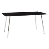 Black tempered glass dining table with a sleek rectangular top and four slender chrome legs, accompanied by six matching chairs featuring a modern design. The overall aesthetic is contemporary and elegant, suitable for various dining spaces