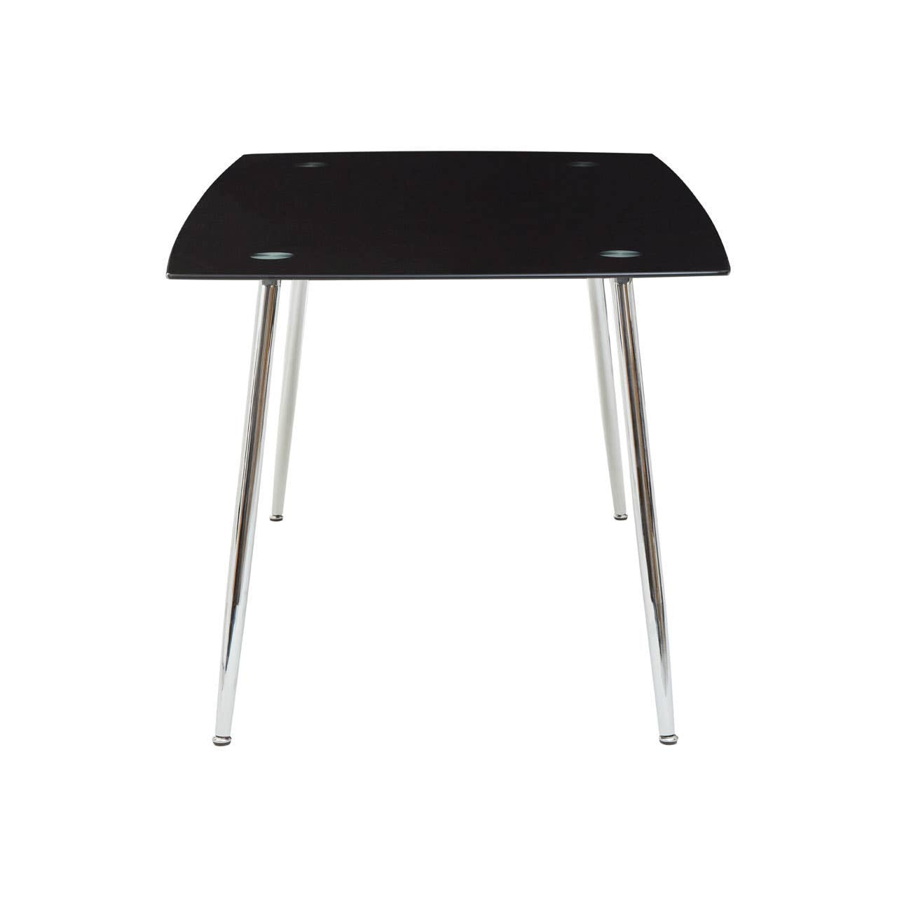 Black tempered glass dining table with a sleek, modern design and four chrome legs, accompanied by six matching chairs featuring a minimalist style. The table has rounded edges and a glossy finish, creating an elegant look suitable for contemporary dining spaces
