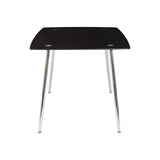 Black tempered glass dining table with a sleek, modern design and four chrome legs, accompanied by six matching chairs featuring a minimalist style. The table has rounded edges and a glossy finish, creating an elegant look suitable for contemporary dining spaces