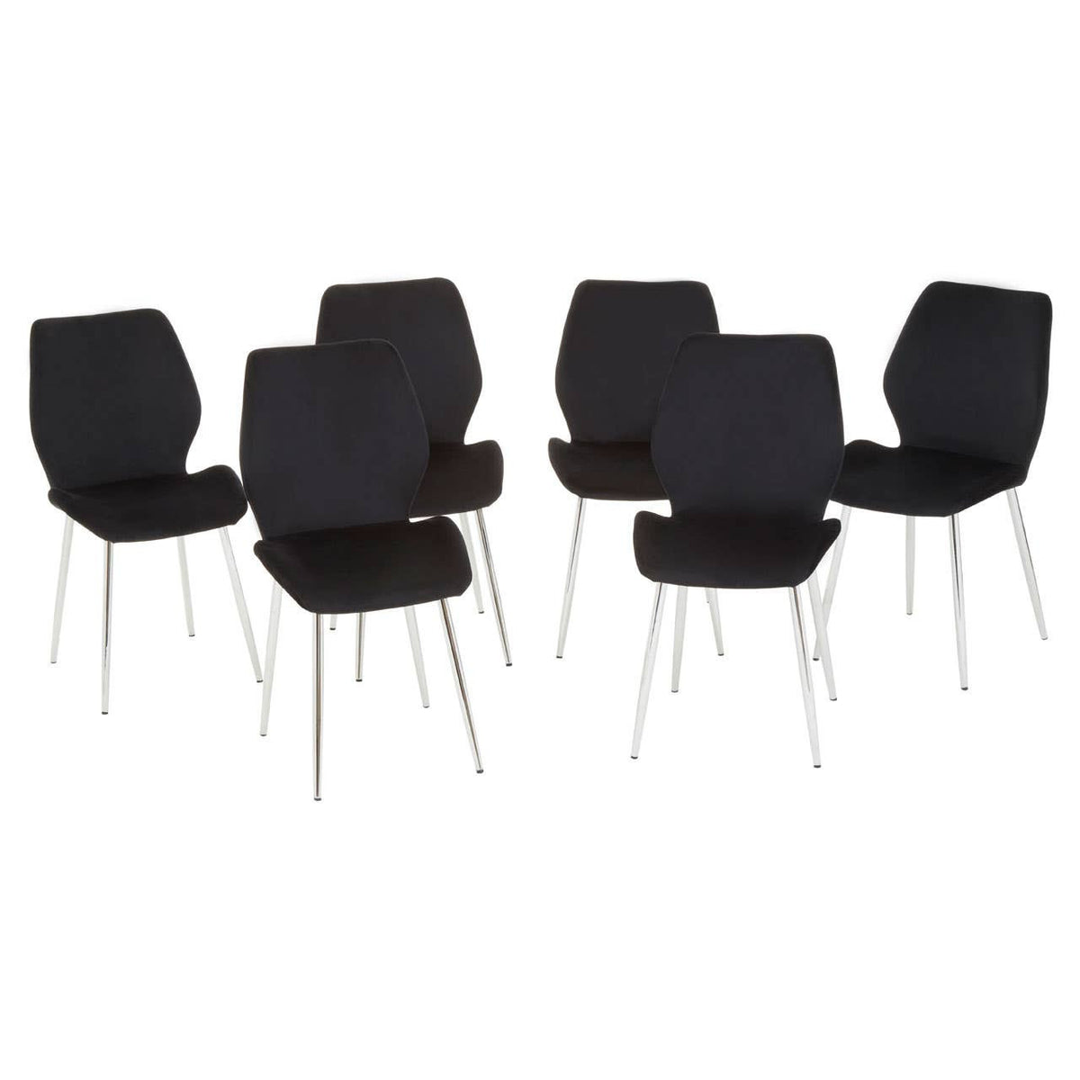 A sleek black tempered glass dining table accompanied by six modern black chairs with a minimalist design and slender metal legs, arranged around the table. The overall aesthetic is contemporary and elegant, suitable for a dining area