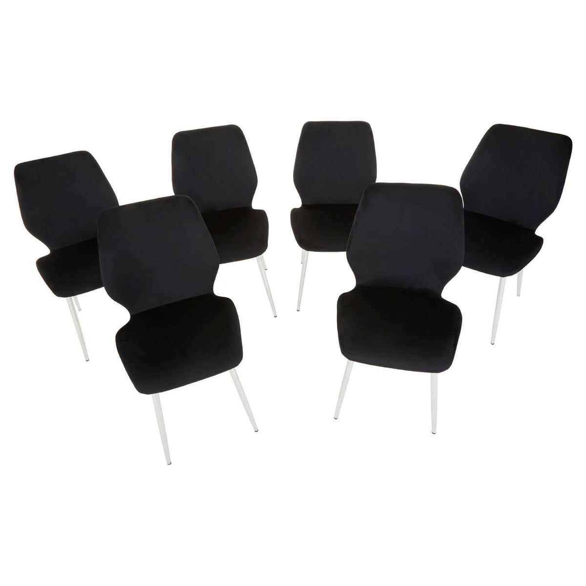 Wimslow black tempered glass dining table accompanied by six sleek black chairs with modern design and metal legs, arranged around the table. The table features a smooth glass surface, reflecting light, while the chairs have a minimalist aesthetic with curved backs