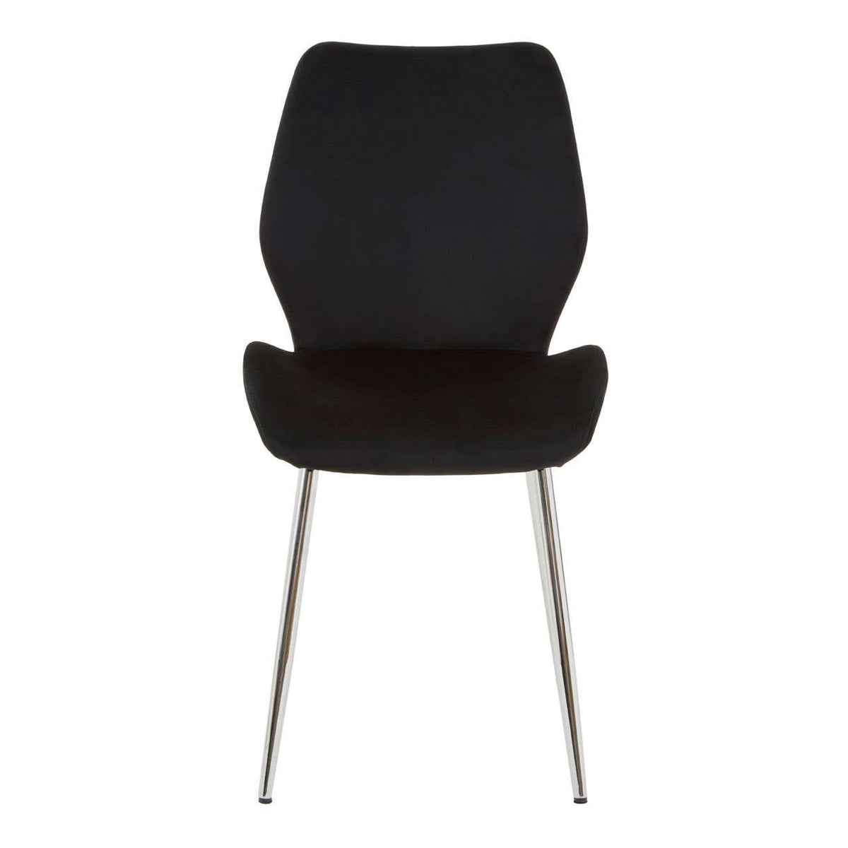 Wimslow black tempered glass dining table accompanied by six modern chairs with sleek black upholstery and metal legs, arranged around the table in a stylish dining setting