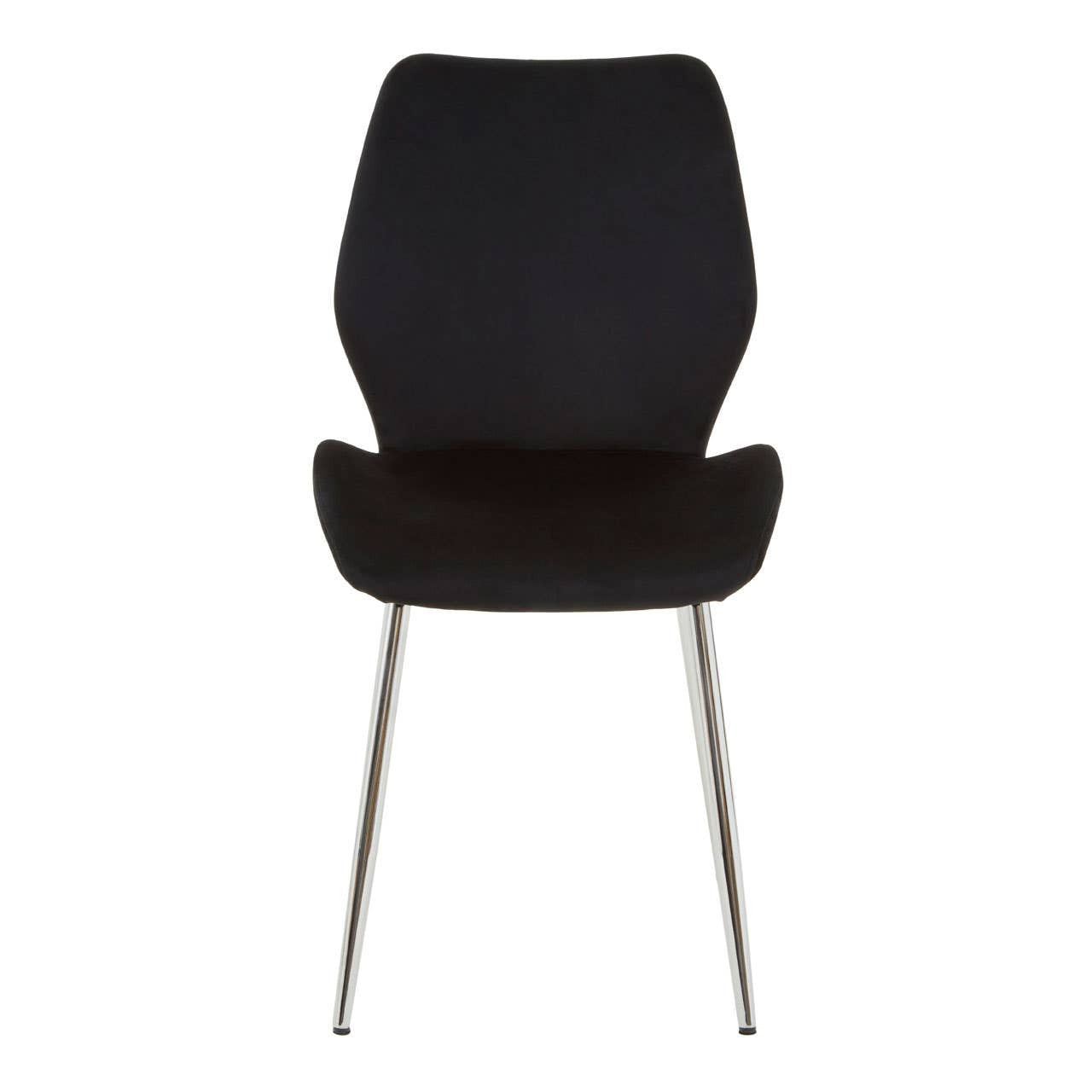 Wimslow black tempered glass dining table accompanied by six modern chairs with sleek black upholstery and metal legs, arranged around the table in a stylish dining setting