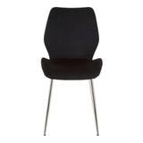 Wimslow black tempered glass dining table accompanied by six modern chairs with sleek black upholstery and metal legs, arranged around the table in a stylish dining setting