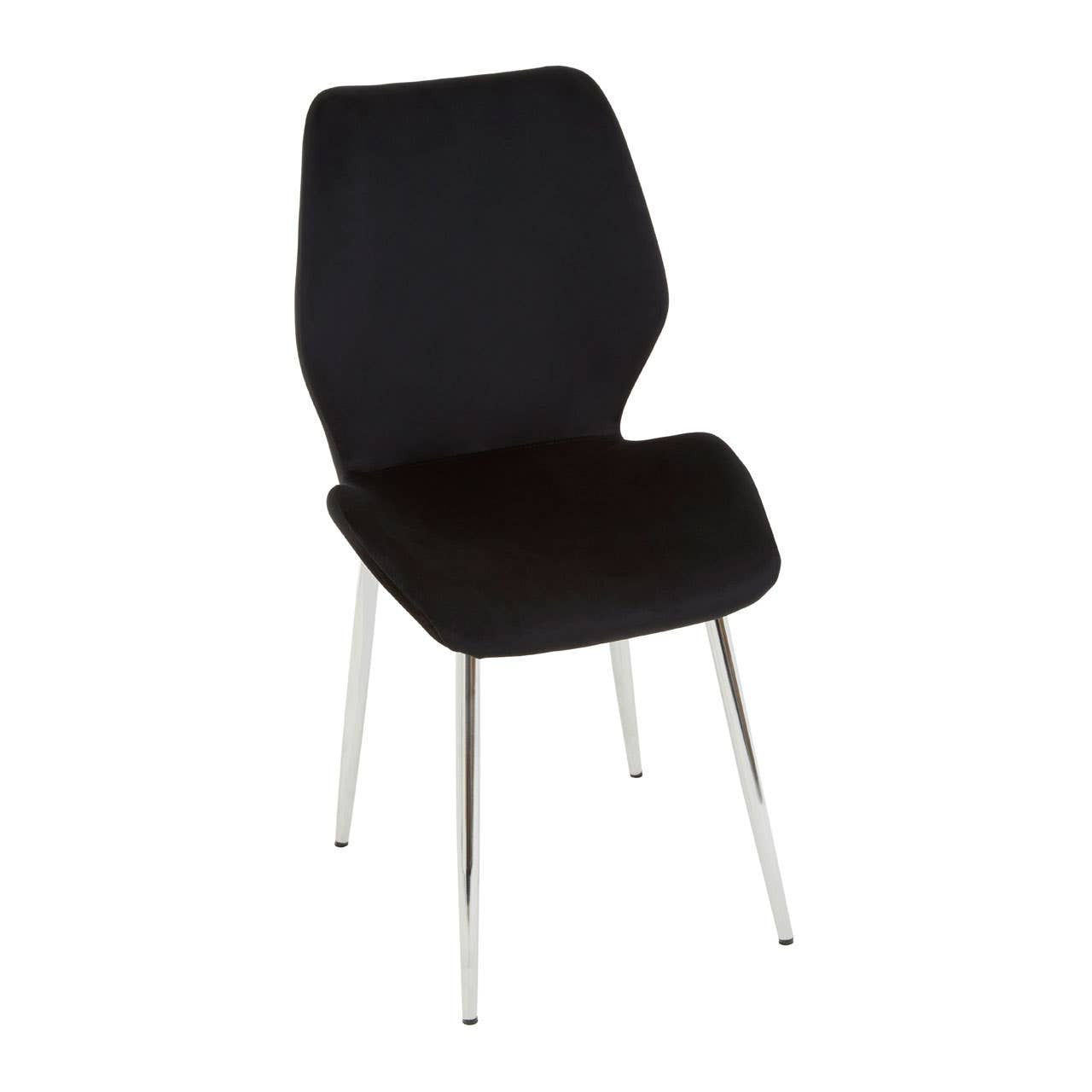 Black dining chair with a sleek, modern design featuring a curved backrest and a soft seat, supported by slender metal legs. The chair is upholstered in a dark fabric, complementing a contemporary aesthetic