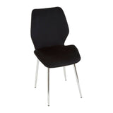 Black dining chair with a sleek, modern design featuring a curved backrest and a soft seat, supported by slender metal legs. The chair is upholstered in a dark fabric, complementing a contemporary aesthetic