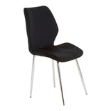 Wimslow black tempered glass dining table accompanied by six sleek black chairs with chrome legs, showcasing a modern and elegant design suitable for contemporary dining spaces