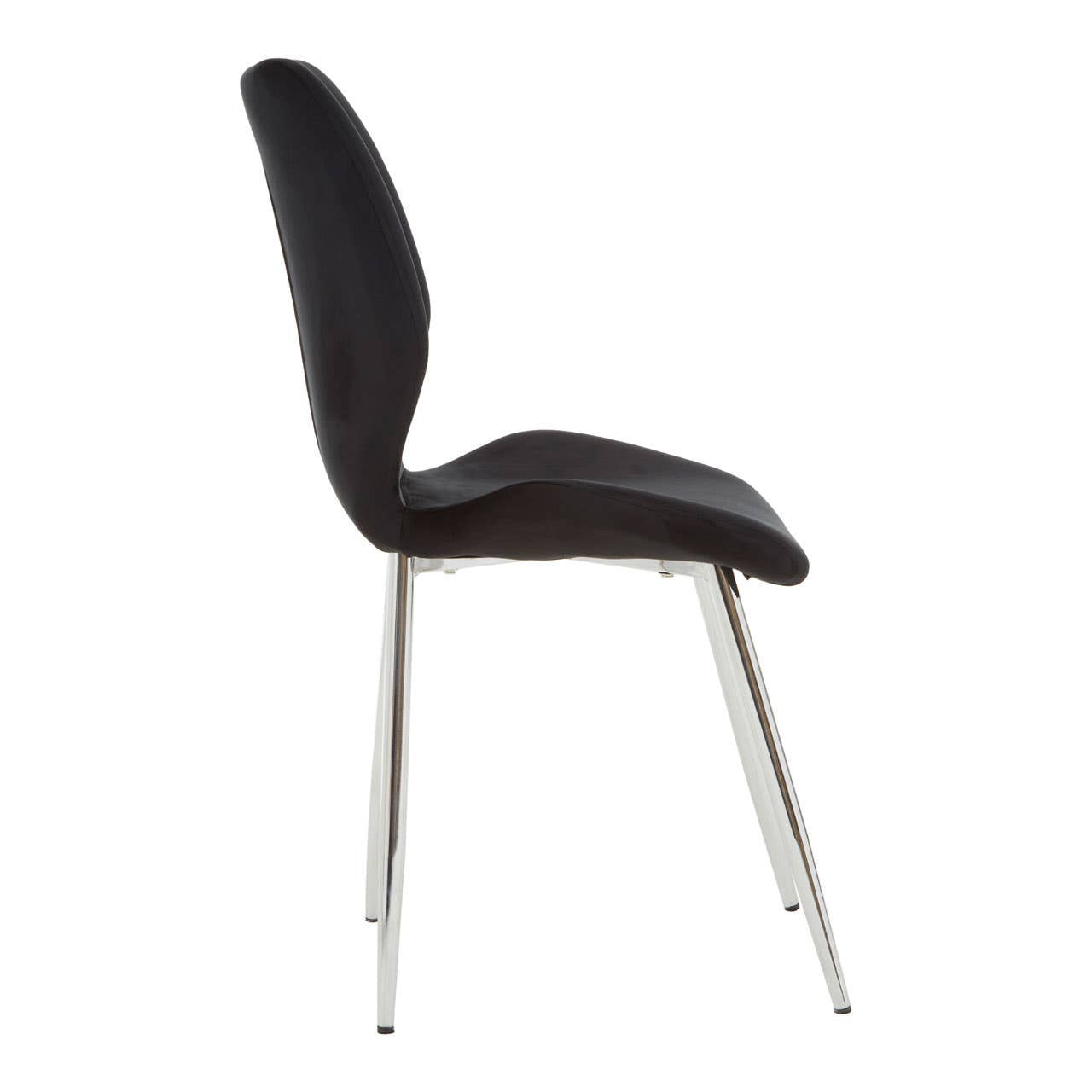 Wimslow black tempered glass dining table accompanied by six sleek black chairs with curved backs and chrome legs, arranged neatly around the table. The table features a modern design with a smooth glass surface reflecting light