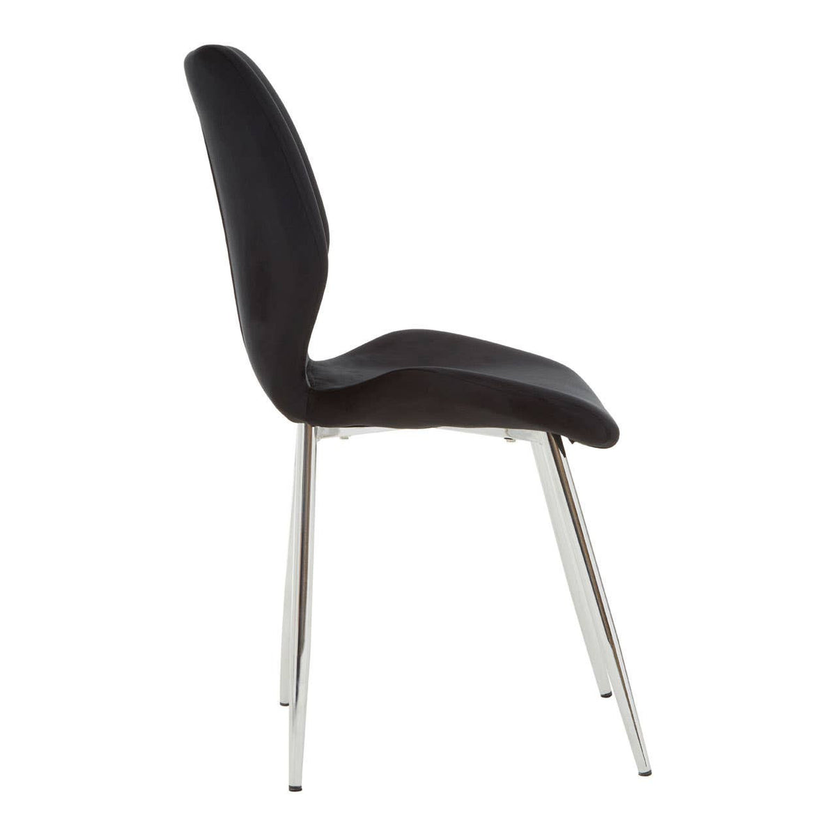 Wimslow black tempered glass dining table accompanied by six sleek black chairs with curved backs and chrome legs, arranged neatly around the table. The table features a modern design with a smooth glass surface reflecting light