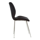 Wimslow black tempered glass dining table accompanied by six sleek black chairs with curved backs and chrome legs, arranged neatly around the table. The table features a modern design with a smooth glass surface reflecting light