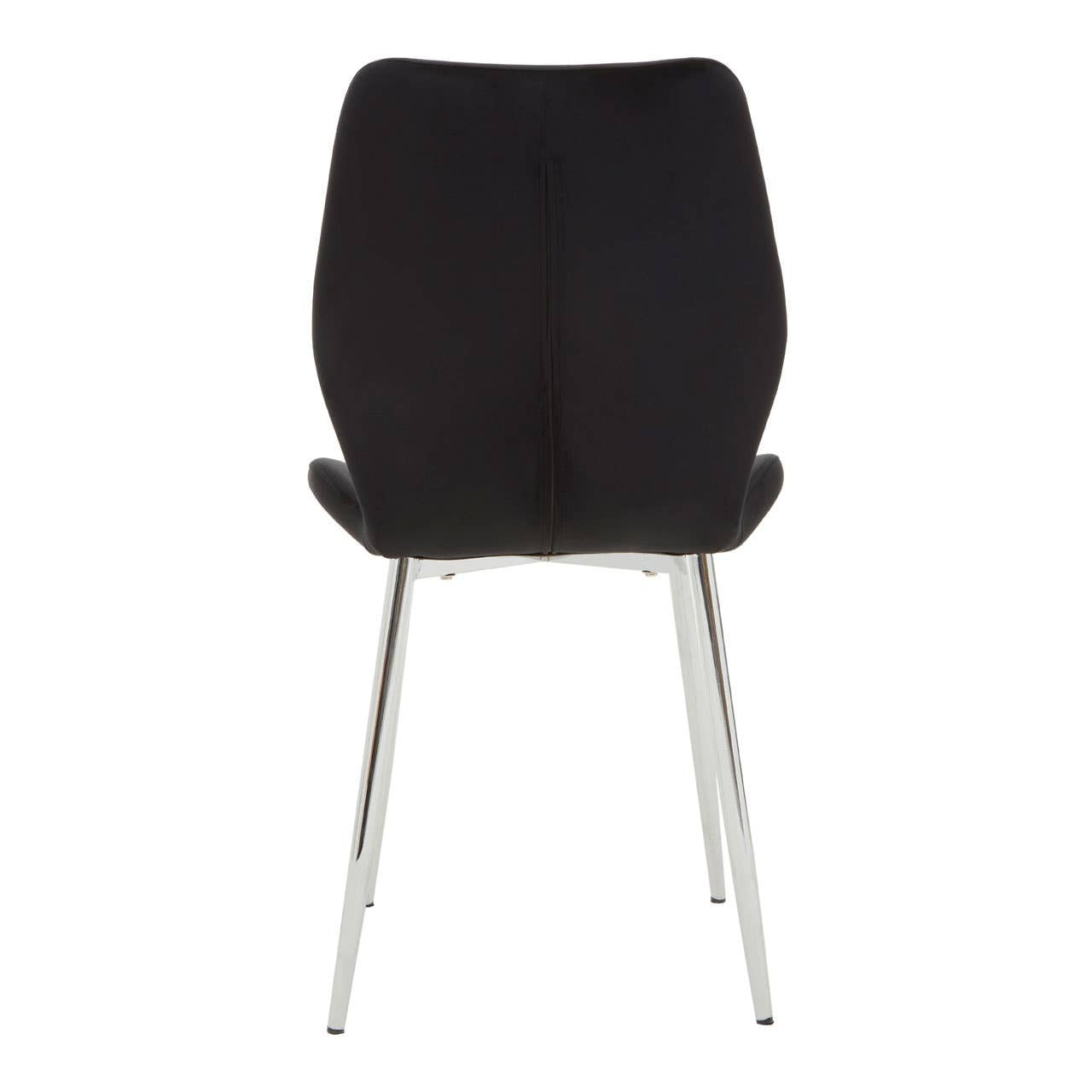 Wimslow black tempered glass dining table accompanied by six modern chairs with sleek black upholstery and chrome legs, arranged around the table. The table features a minimalist design with a smooth glass surface