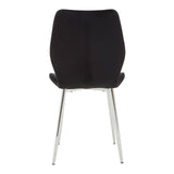 Wimslow black tempered glass dining table accompanied by six modern chairs with sleek black upholstery and chrome legs, arranged around the table. The table features a minimalist design with a smooth glass surface