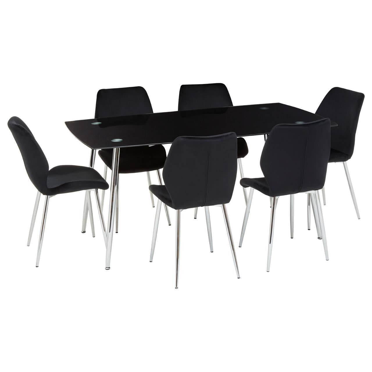 Black tempered glass dining table accompanied by six matching black upholstered chairs with sleek metal legs, arranged around the table in a modern setting