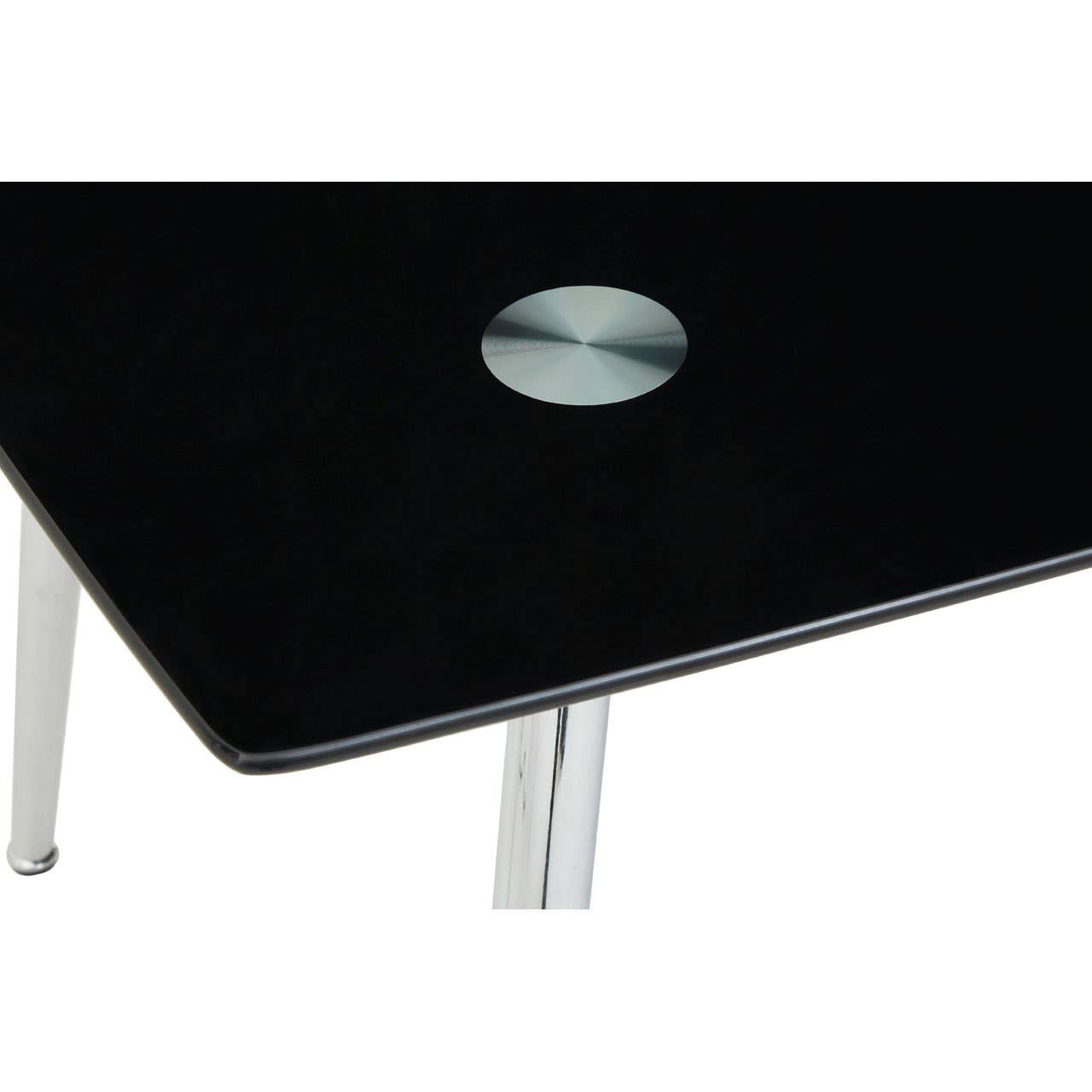 Black tempered glass dining table featuring a sleek, modern design with a circular hole in the center, supported by shiny chrome legs. The table is accompanied by six matching chairs, each with a minimalist style and upholstered seats