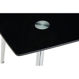 Black tempered glass dining table featuring a sleek, modern design with a circular hole in the center, supported by shiny chrome legs. The table is accompanied by six matching chairs, each with a minimalist style and upholstered seats