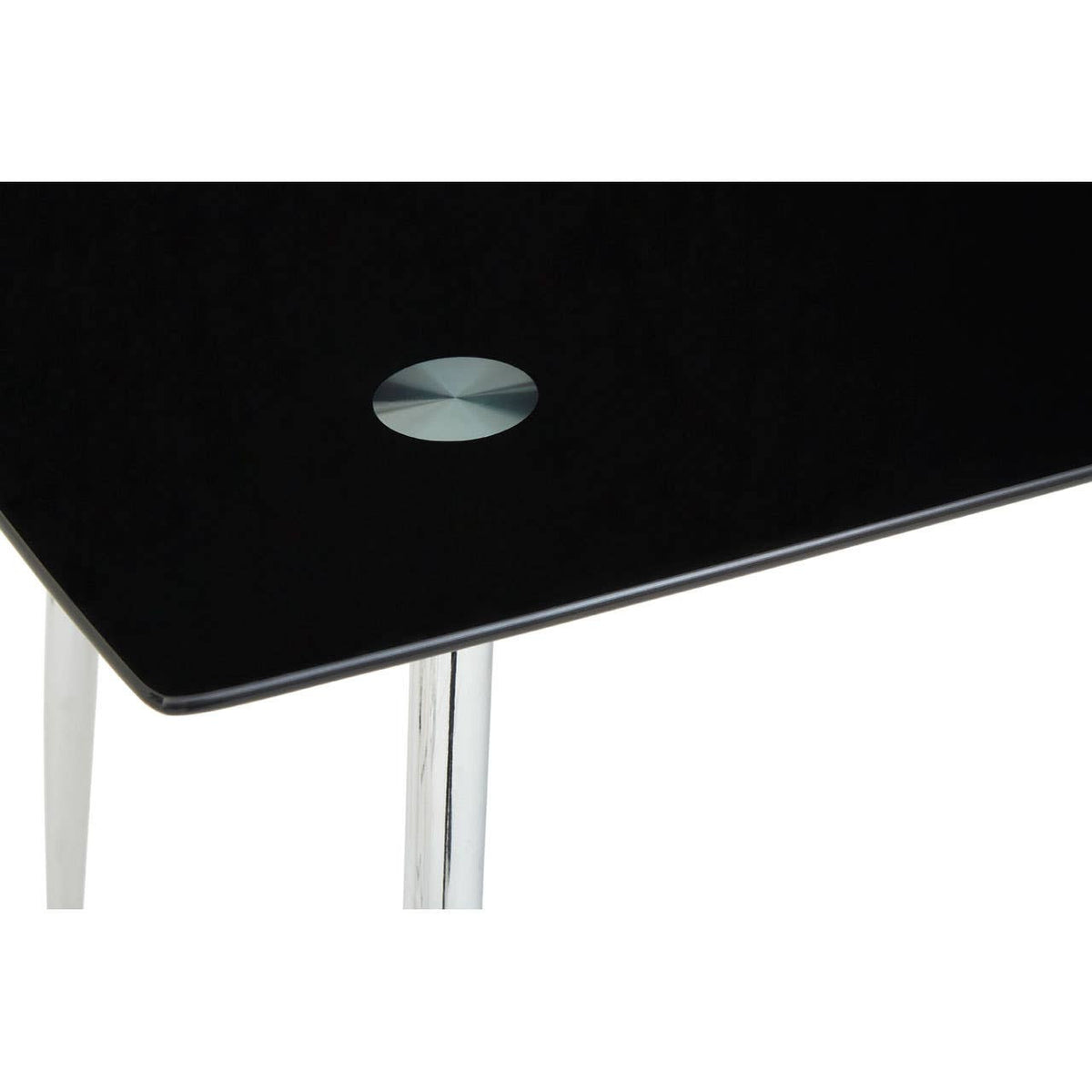 Black tempered glass dining table featuring a sleek surface and a circular hole for cable management, supported by modern chrome legs