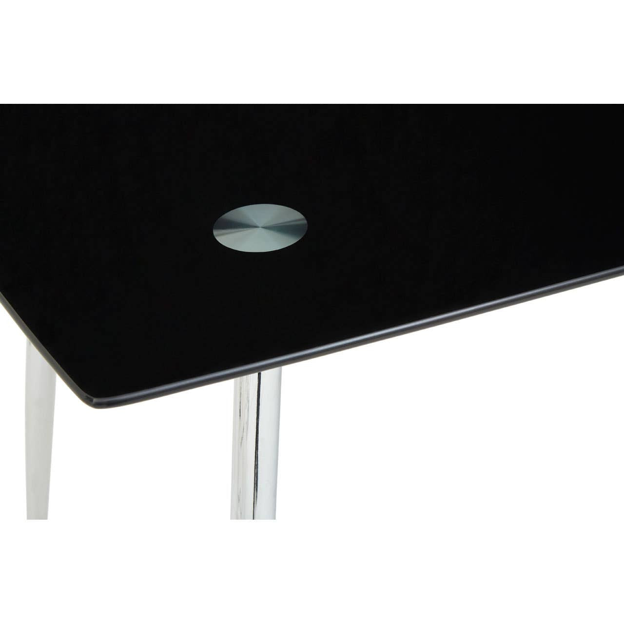 Black tempered glass dining table featuring a sleek surface and a circular hole for cable management, supported by modern chrome legs