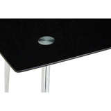 Black tempered glass dining table featuring a sleek surface and a circular hole for cable management, supported by modern chrome legs