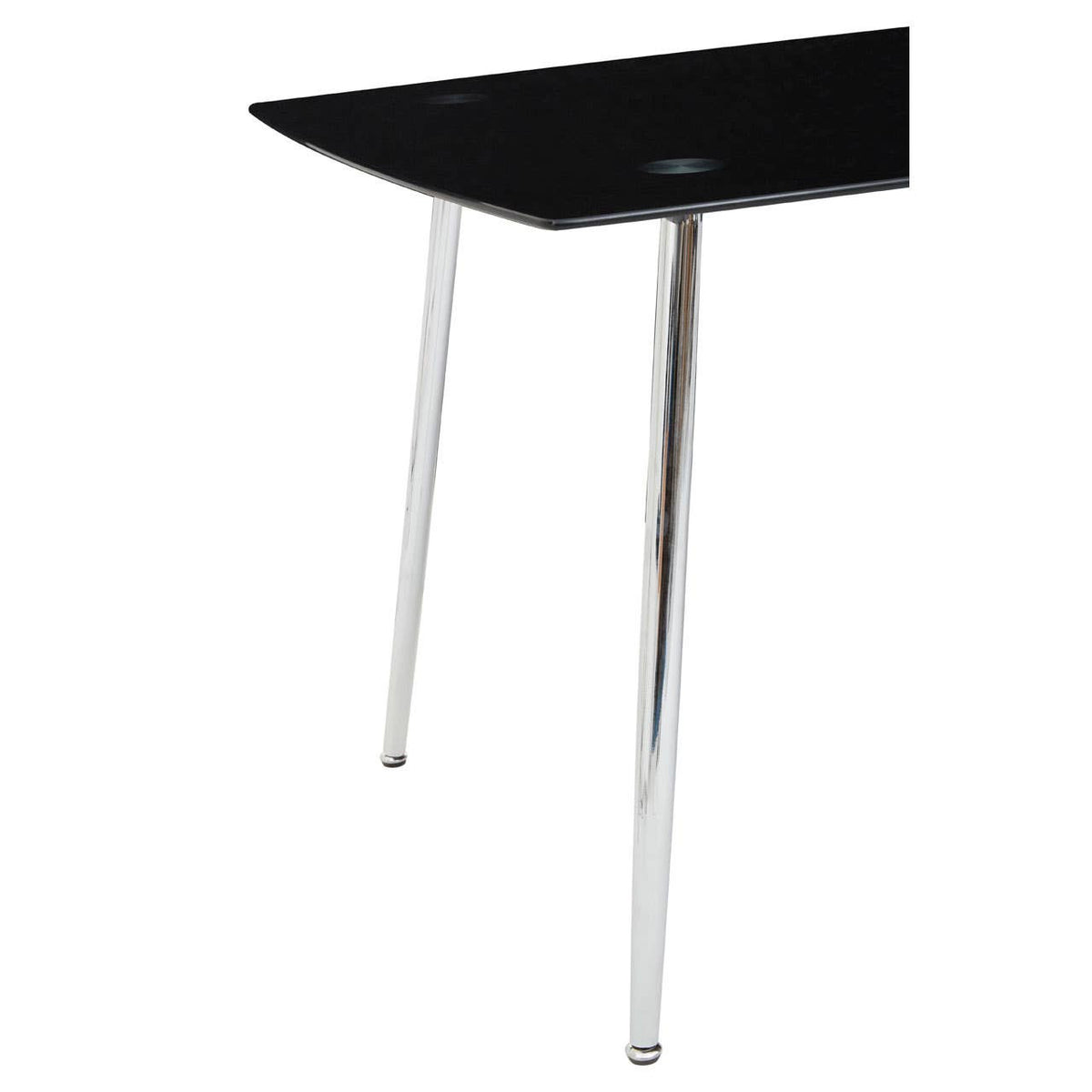 Black tempered glass dining table with a sleek rectangular top and four chrome legs, accompanied by six matching chairs featuring a modern design. The table and chairs are arranged in a contemporary dining setting, highlighting their elegant finish and minimalist style