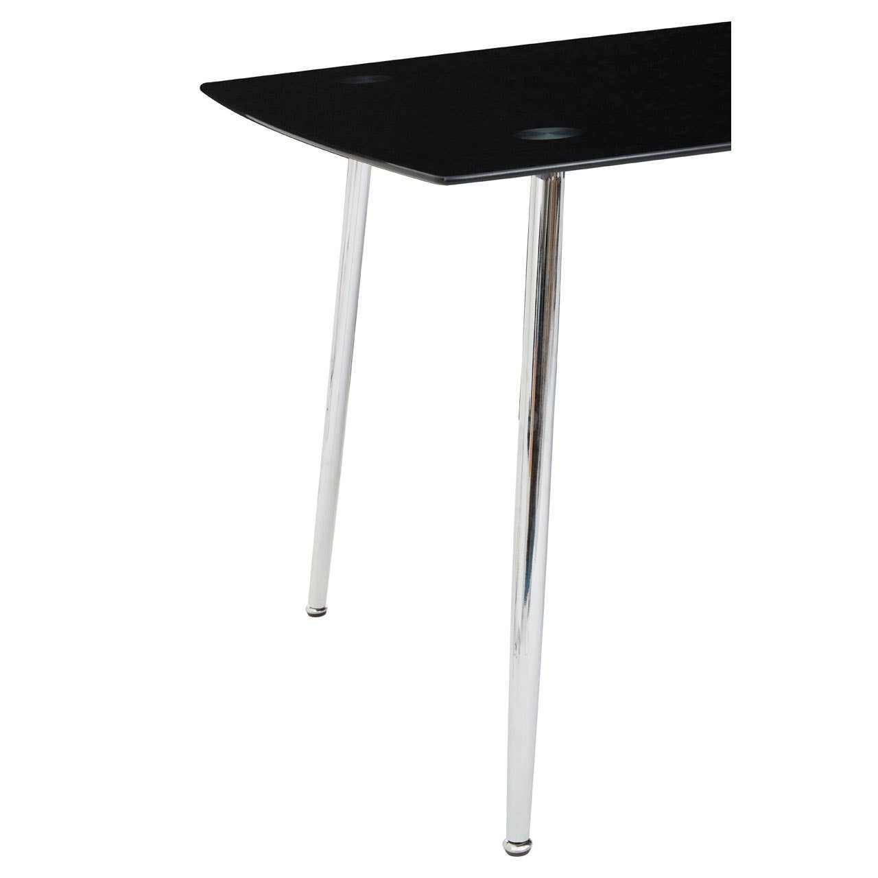 Black tempered glass dining table with a sleek rectangular top and four chrome legs, accompanied by six matching chairs featuring a modern design. The table and chairs are arranged in a contemporary dining setting, highlighting their elegant finish and minimalist style