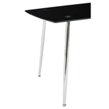 Black tempered glass dining table with a sleek rectangular top and four chrome legs, accompanied by six matching chairs featuring a modern design. The table and chairs are arranged in a contemporary dining setting, highlighting their elegant finish and minimalist style