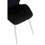 Black dining chair with a smooth, curved seat and sleek metal legs, partially visible in the image. The chair features a modern design, complementing a contemporary dining setup