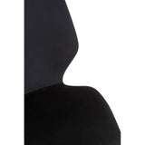 Close-up view of a black chair with a uniquely shaped backrest, showcasing a smooth surface and modern design, set against a white background