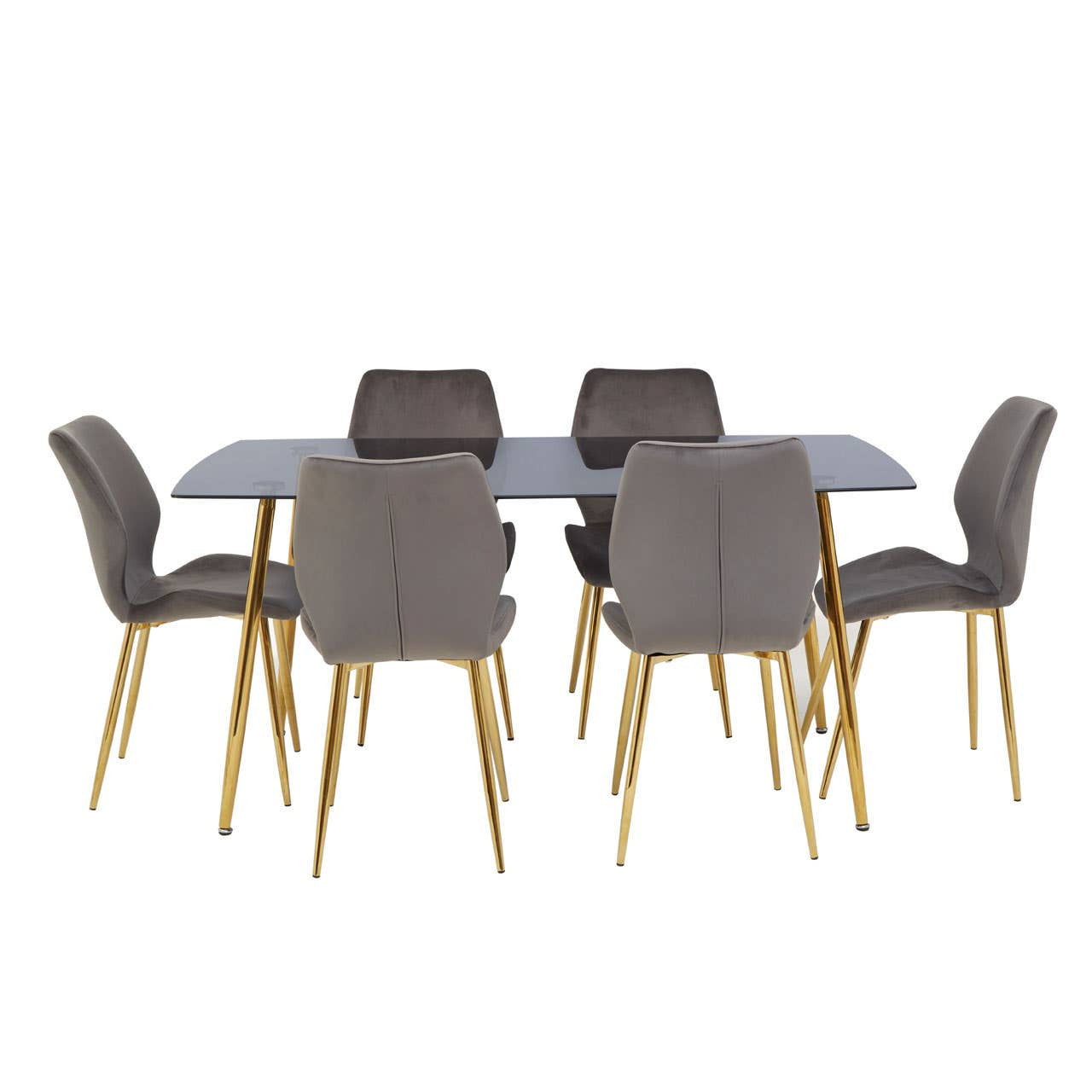 Smoked glass dining table with six upholstered chairs featuring a modern design, each chair supported by wooden legs. The table has a sleek, rectangular shape, while the chairs have a curved backrest and a neutral gray fabric