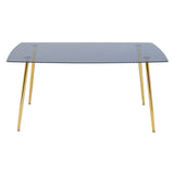 Smoked glass dining table with a sleek, rectangular top supported by four slender gold legs, accompanied by six matching chairs featuring a modern design. The overall aesthetic is contemporary and elegant, suitable for a dining area
