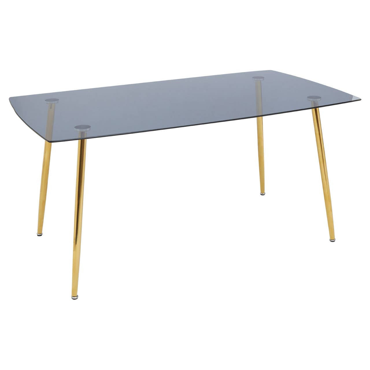 Smoked glass dining table with a rectangular top and sleek, gold metal legs, accompanied by six matching chairs featuring a modern design and upholstered seats