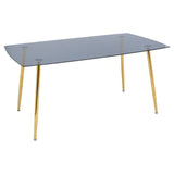 Smoked glass dining table with a rectangular top and sleek, gold metal legs, accompanied by six matching chairs featuring a modern design and upholstered seats